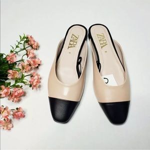 Zara Nude Black Ballet Flat Mules Slides Shoes NEW